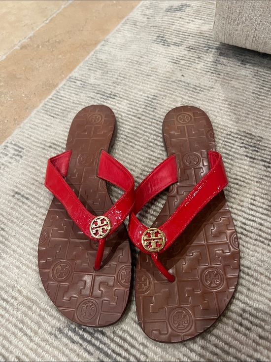 Tory Burch Shoes - Tory Burch Red Patent Leather Logo Thong Sandals with Gold Medallion